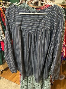 Lee Blue and White Striped Scoop Neck Long Sleeve Top